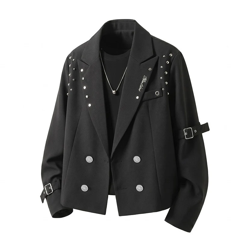 Herren Kurzblazer-Jacke im Rockigen Biker‑Look mit Nietenbesatz, Doppelreiher & Ärmel-Schnallen Drune