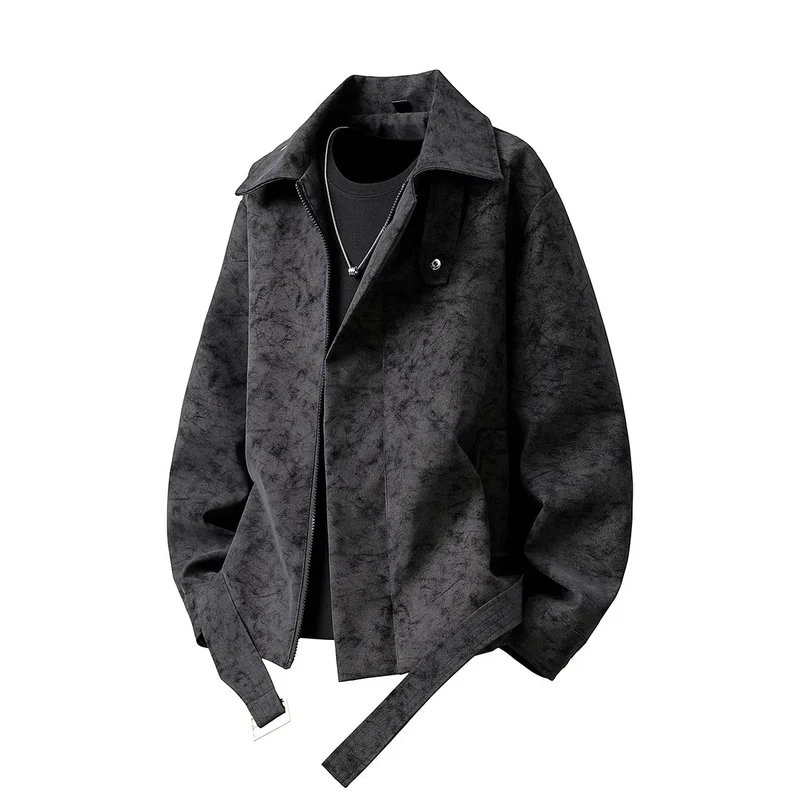 Herren Kurz geschnittene Velours-Optik Jacke mit Hemdkragen, Gürteldetail & verdecktem Reißverschluss Drune