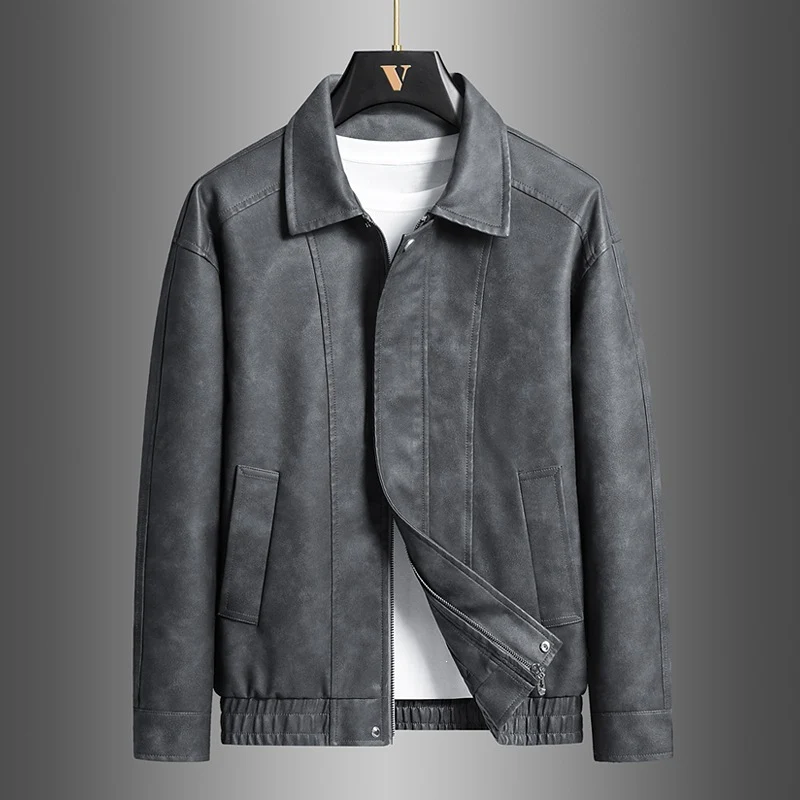 Herren Kurz geschnittene Kunstlederjacke im Vintage‑Look mit Hemdkragen & durchgehendem Reißverschluss Drune