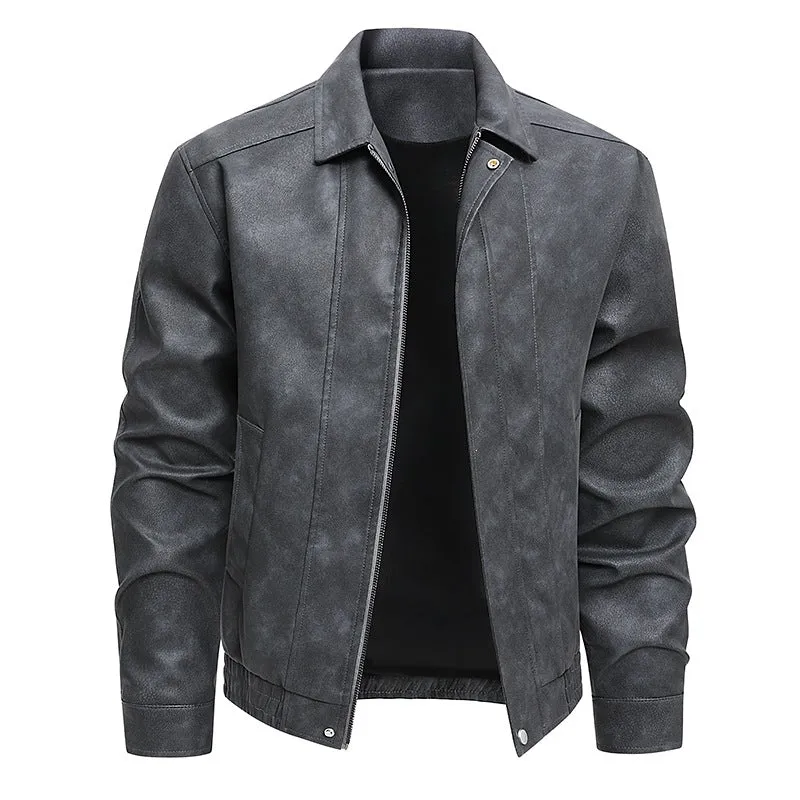 Herren Kurz geschnittene Kunstlederjacke im Vintage‑Look mit Hemdkragen & durchgehendem Reißverschluss Drune