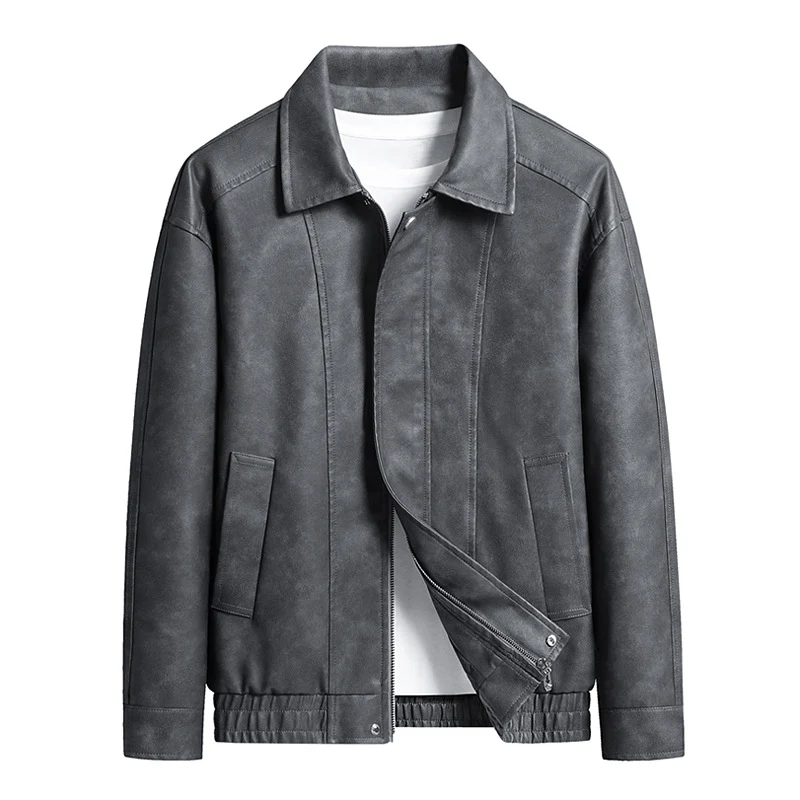 Herren Kurz geschnittene Kunstlederjacke im Vintage‑Look mit Hemdkragen & durchgehendem Reißverschluss Drune