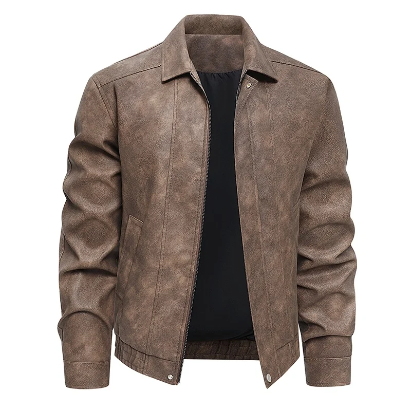 Herren Kurz geschnittene Kunstlederjacke im Vintage‑Look mit Hemdkragen & durchgehendem Reißverschluss Drune