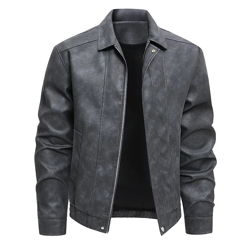 Herren Kurz geschnittene Kunstlederjacke im Vintage‑Look mit Hemdkragen & durchgehendem Reißverschluss Drune