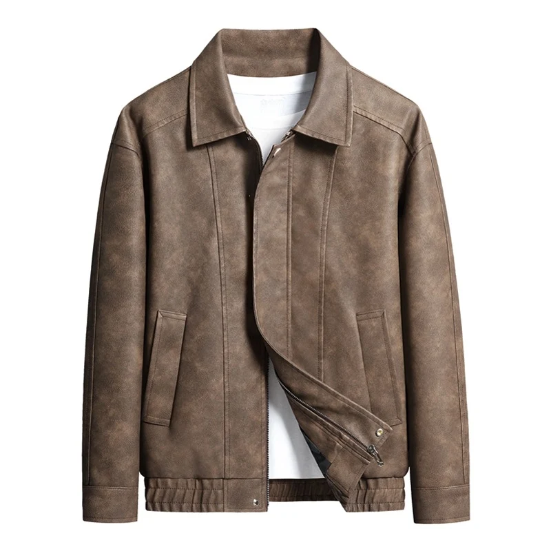 Herren Kurz geschnittene Kunstlederjacke im Vintage‑Look mit Hemdkragen & durchgehendem Reißverschluss Drune