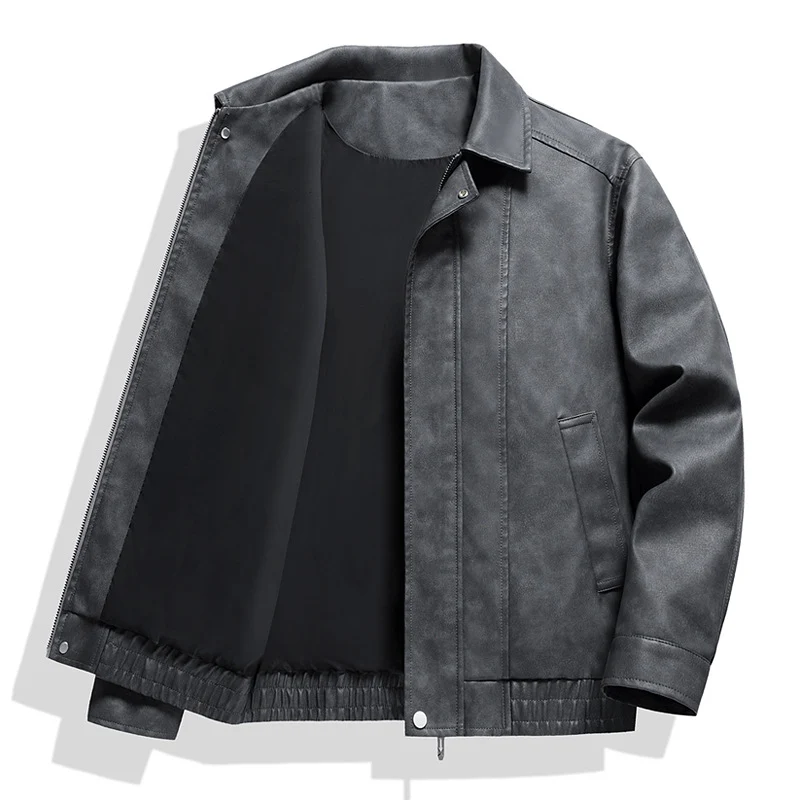 Herren Kurz geschnittene Kunstlederjacke im Vintage‑Look mit Hemdkragen & durchgehendem Reißverschluss Drune