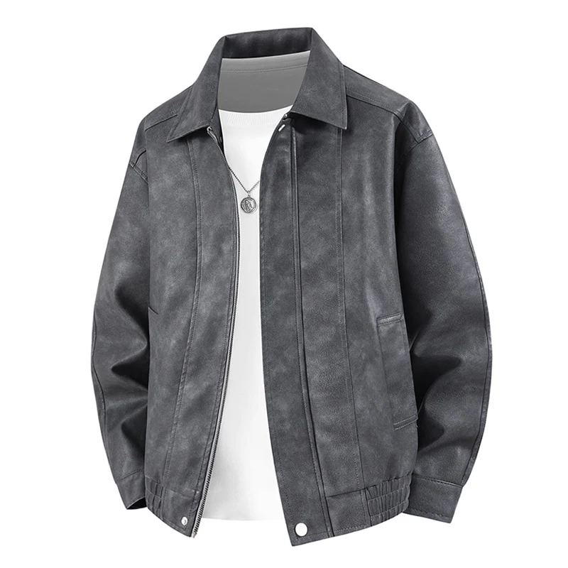 Herren Kurz geschnittene Kunstlederjacke im Vintage‑Look mit Hemdkragen & durchgehendem Reißverschluss Drune