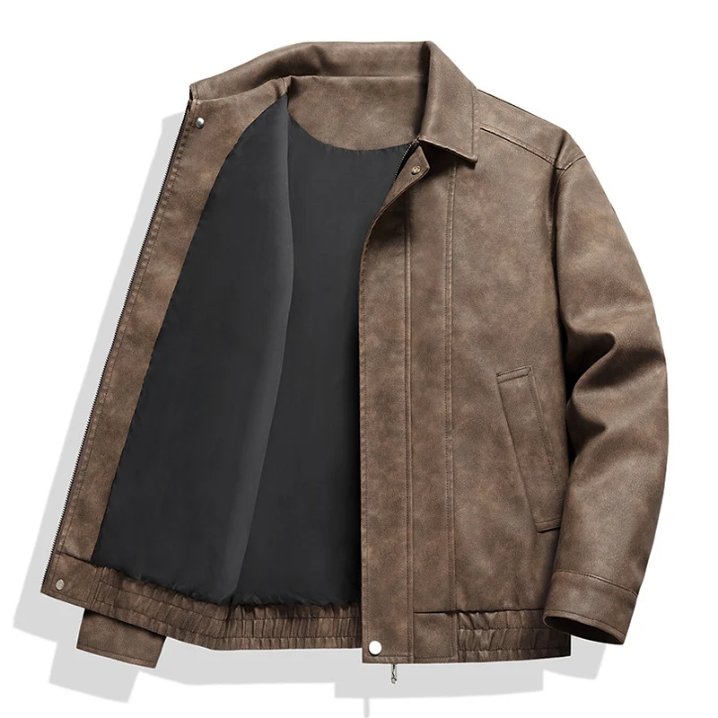 Herren Kurz geschnittene Kunstlederjacke im Vintage‑Look mit Hemdkragen & durchgehendem Reißverschluss Drune
