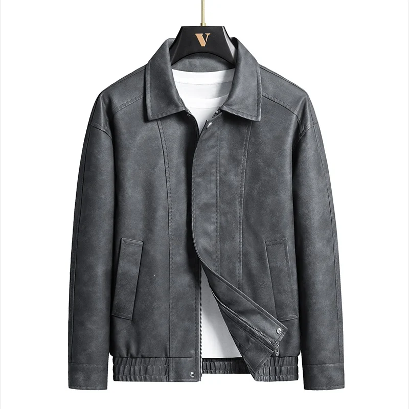 Herren Kurz geschnittene Kunstlederjacke im Vintage‑Look mit Hemdkragen & durchgehendem Reißverschluss Drune