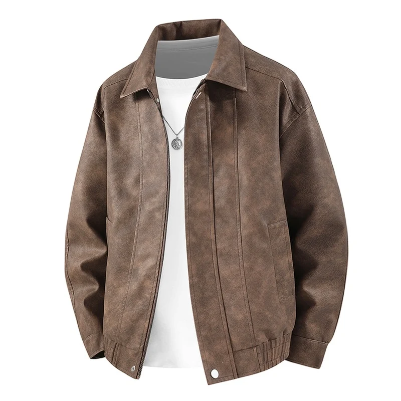 Herren Kurz geschnittene Kunstlederjacke im Vintage‑Look mit Hemdkragen & durchgehendem Reißverschluss Drune
