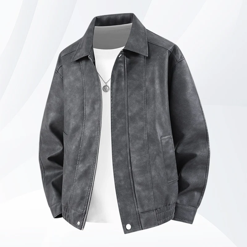 Herren Kurz geschnittene Kunstlederjacke im Vintage‑Look mit Hemdkragen & durchgehendem Reißverschluss Drune