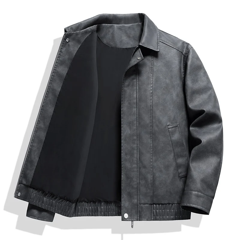 Herren Kurz geschnittene Kunstlederjacke im Vintage‑Look mit Hemdkragen & durchgehendem Reißverschluss Drune