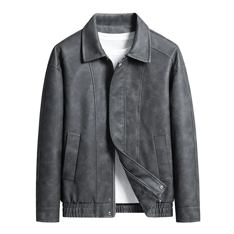 Herren Kurz geschnittene Kunstlederjacke im Vintage‑Look mit Hemdkragen & durchgehendem Reißverschluss Drune