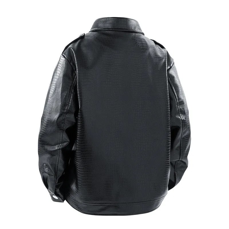 Herren Kunstleder-Überhemdjacke im Biker-Blend mit Reverskragen, Zwei-Wege-Metallreißverschluss & verdeckten Eingrifftaschen Drune