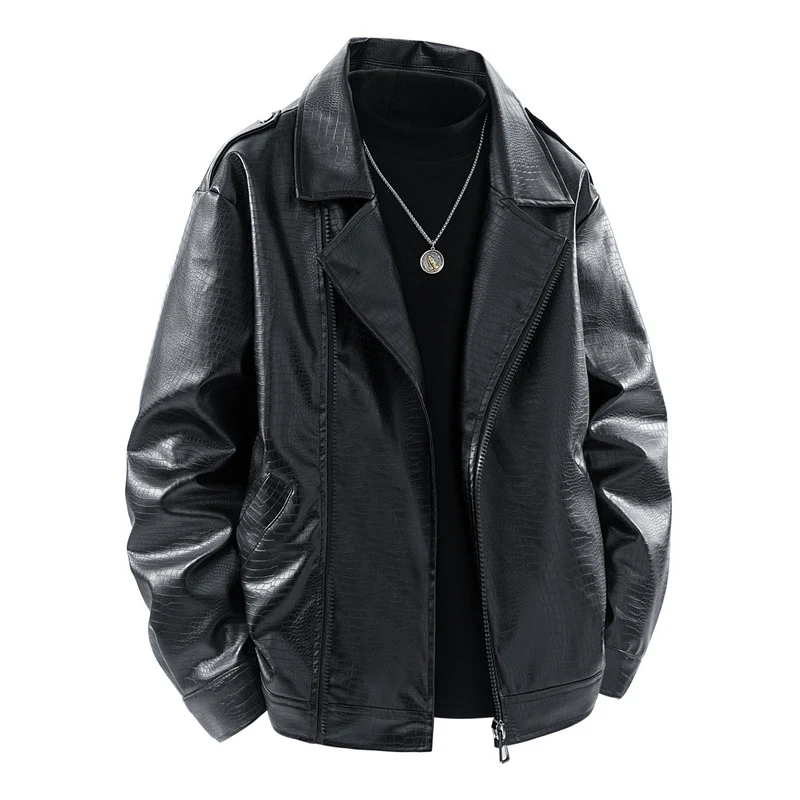 Herren Kunstleder-Überhemdjacke im Biker-Blend mit Reverskragen, Zwei-Wege-Metallreißverschluss & verdeckten Eingrifftaschen Drune