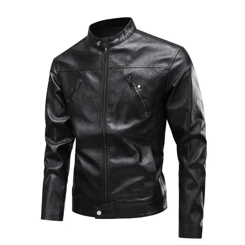 Herren Kunstleder-Bikerjacke mit Stehkragen, diagonalem Brustzipper & schmaler Silhouette Drune