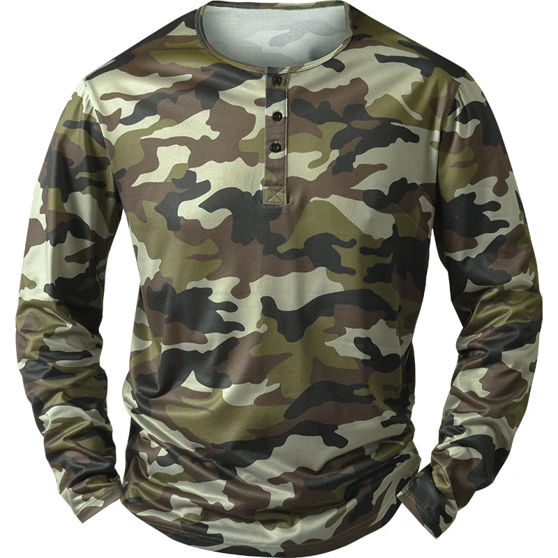 Herren Körperbetontes Langarm-Henleyshirt im Camouflage-Look mit Stretch Drune