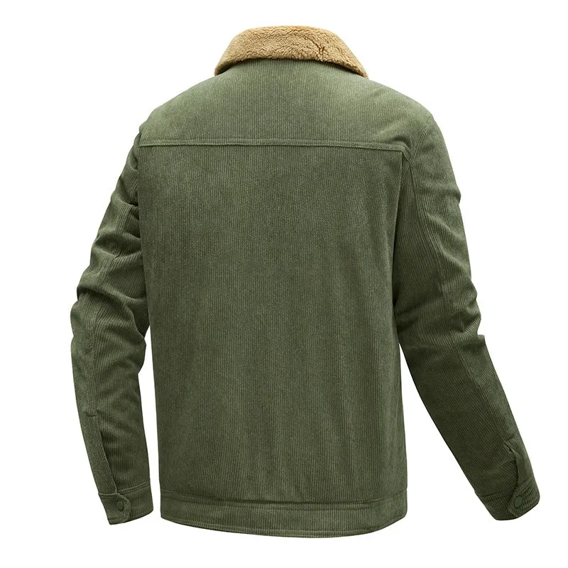 Herren Kordjacke mit Teddyfutter, Kunstfellkragen und Druckknopftaschen Drune