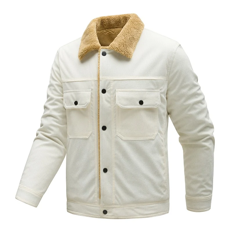 Herren Kordjacke mit Teddyfutter, Kunstfellkragen und Druckknopftaschen Drune