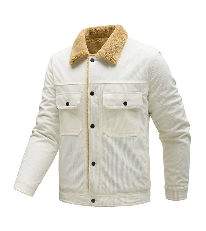 Herren Kordjacke mit Teddyfutter, Kunstfellkragen und Druckknopftaschen Drune