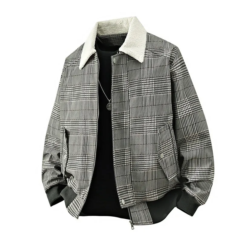 Herren kariertes Bomber-Übergangsjacke mit Teddykragen & gerippten Bündchen Drune