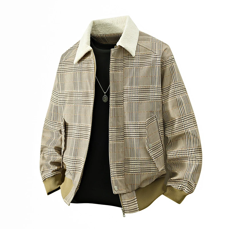 Herren kariertes Bomber-Übergangsjacke mit Teddykragen & gerippten Bündchen Drune