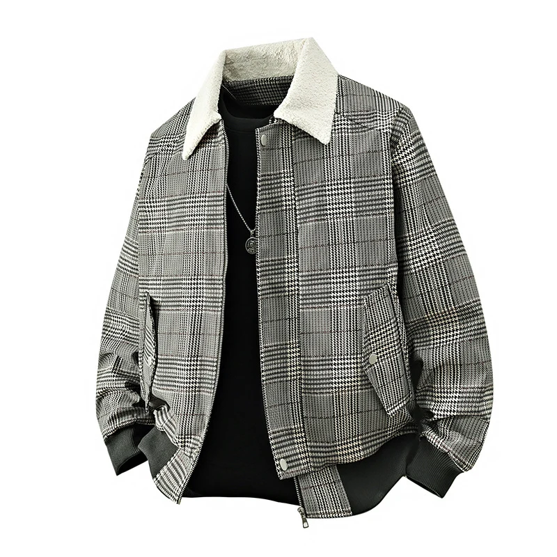 Herren kariertes Bomber-Übergangsjacke mit Teddykragen & gerippten Bündchen Drune
