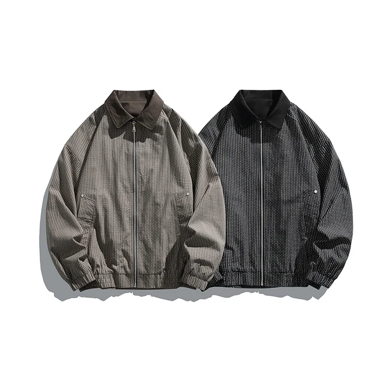 Herren Karierte Oversize-Hemdjacke im Coach-Stil mit Cordkragen Drune