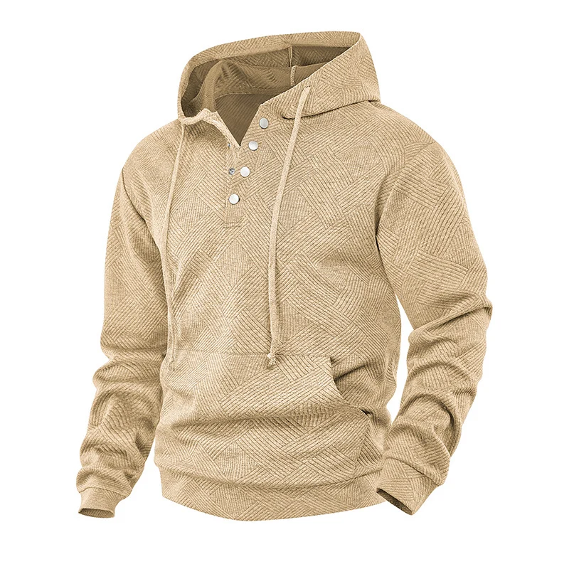 Herren Kapuzenpullover mit Henley-Knopfleiste, Strukturstrick & Kängurutasche Drune
