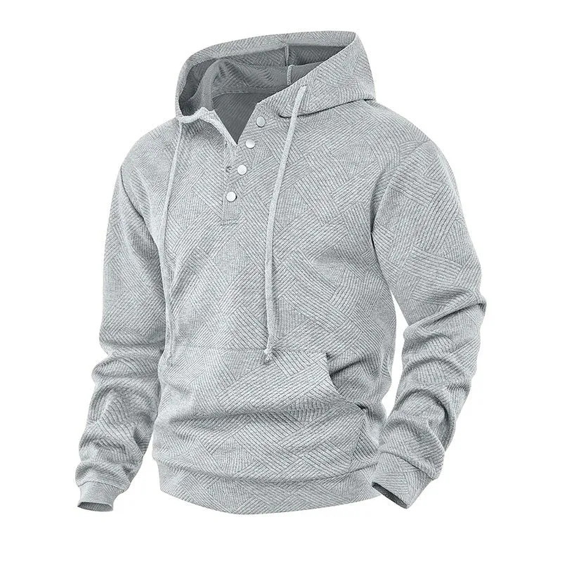 Herren Kapuzenpullover mit Henley-Knopfleiste, Strukturstrick & Kängurutasche Drune
