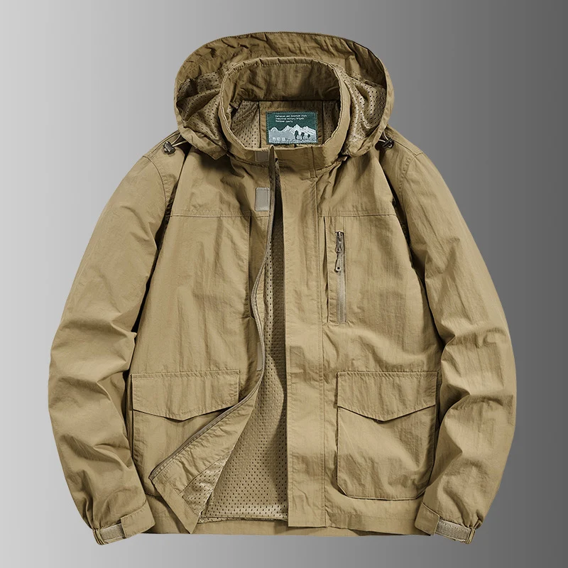 Herren Kapuzen-Outdoorjacke mit atmungsaktivem Meshfutter, wasserabweisender Ripstop‑Hülle & verdecktem Frontreißverschluss Drune
