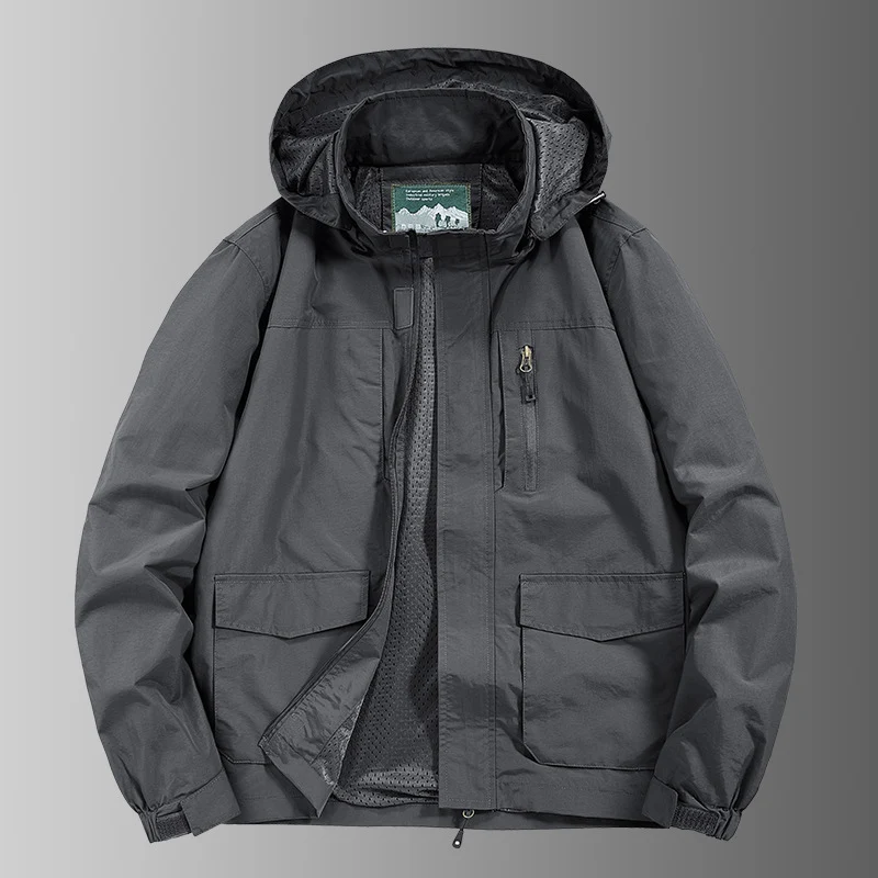 Herren Kapuzen-Outdoorjacke mit atmungsaktivem Meshfutter, wasserabweisender Ripstop‑Hülle & verdecktem Frontreißverschluss Drune
