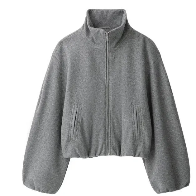 Damen Kurz geschnittene Wollmix-Jacke mit Stehkragen, Reißverschluss und Ballonärmeln Drune