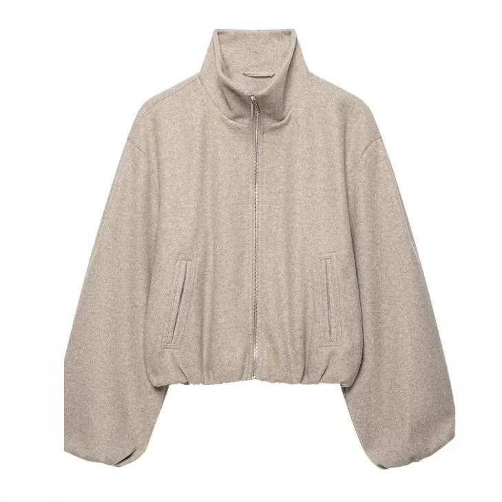 Damen Kurz geschnittene Wollmix-Jacke mit Stehkragen, Reißverschluss und Ballonärmeln Drune