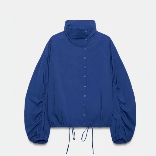 Damen Kurz geschnittene Wollmix-Jacke mit Stehkragen, Reißverschluss und Ballonärmeln Drune