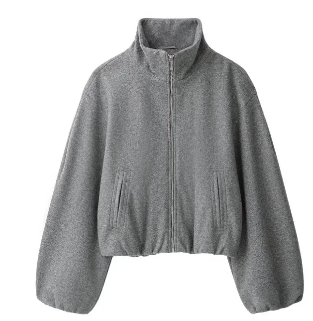 Damen Kurz geschnittene Wollmix-Jacke mit Stehkragen, Reißverschluss und Ballonärmeln Drune