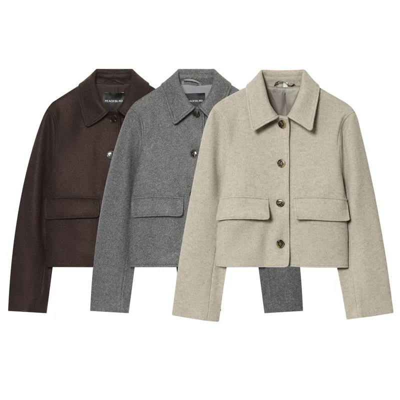 Damen Kurz geschnittene Wollmix‑Jacke im Boxy‑Cut mit Pattentaschen Drune