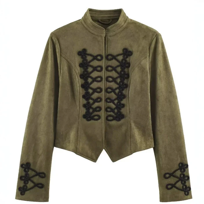 Damen Kurz geschnittene Wildlederjacke im Military‑Look mit Stehkragen und dekorativer Kordelfrosch‑Applikation Drune