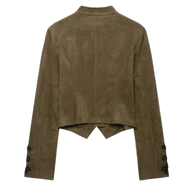 Damen Kurz geschnittene Wildlederjacke im Military‑Look mit Stehkragen und dekorativer Kordelfrosch‑Applikation Drune
