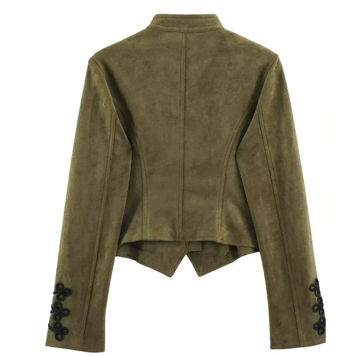 Damen Kurz geschnittene Wildlederjacke im Military‑Look mit Stehkragen und dekorativer Kordelfrosch‑Applikation Drune