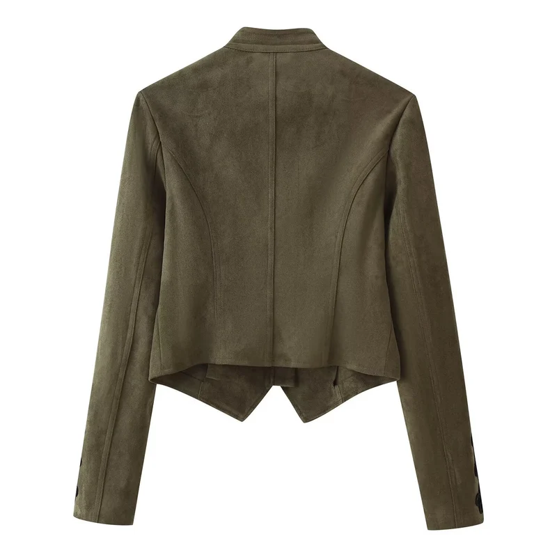 Damen Kurz geschnittene Wildlederjacke im Military‑Look mit Stehkragen und dekorativer Kordelfrosch‑Applikation Drune