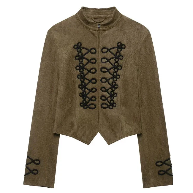 Damen Kurz geschnittene Wildlederjacke im Military‑Look mit Stehkragen und dekorativer Kordelfrosch‑Applikation Drune