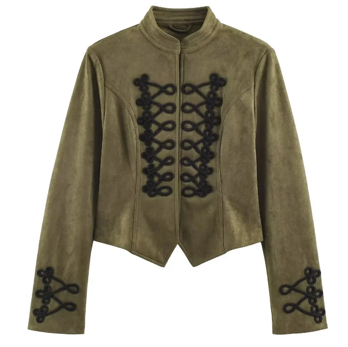 Damen Kurz geschnittene Wildlederjacke im Military‑Look mit Stehkragen und dekorativer Kordelfrosch‑Applikation Drune