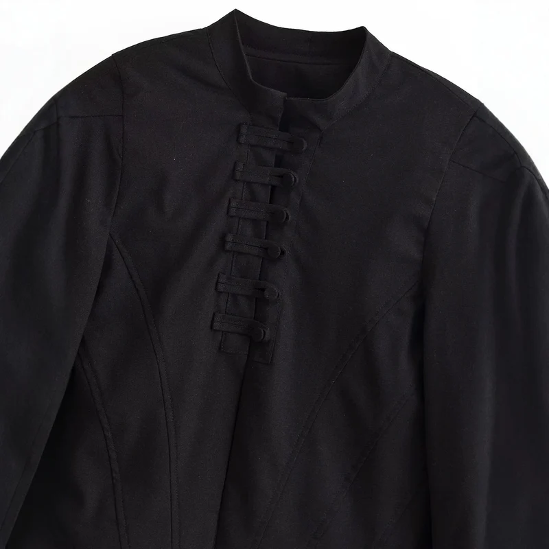 Damen Kurz geschnittene taillierte Jacke mit Stehkragen und dekorativem Schlaufenverschluss Drune