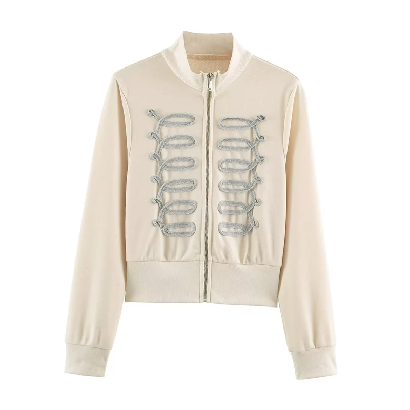 Damen Kurz geschnittene Sweatjacke mit ornamentalem Zierkordel‑Besatz und Stehkragen Drune