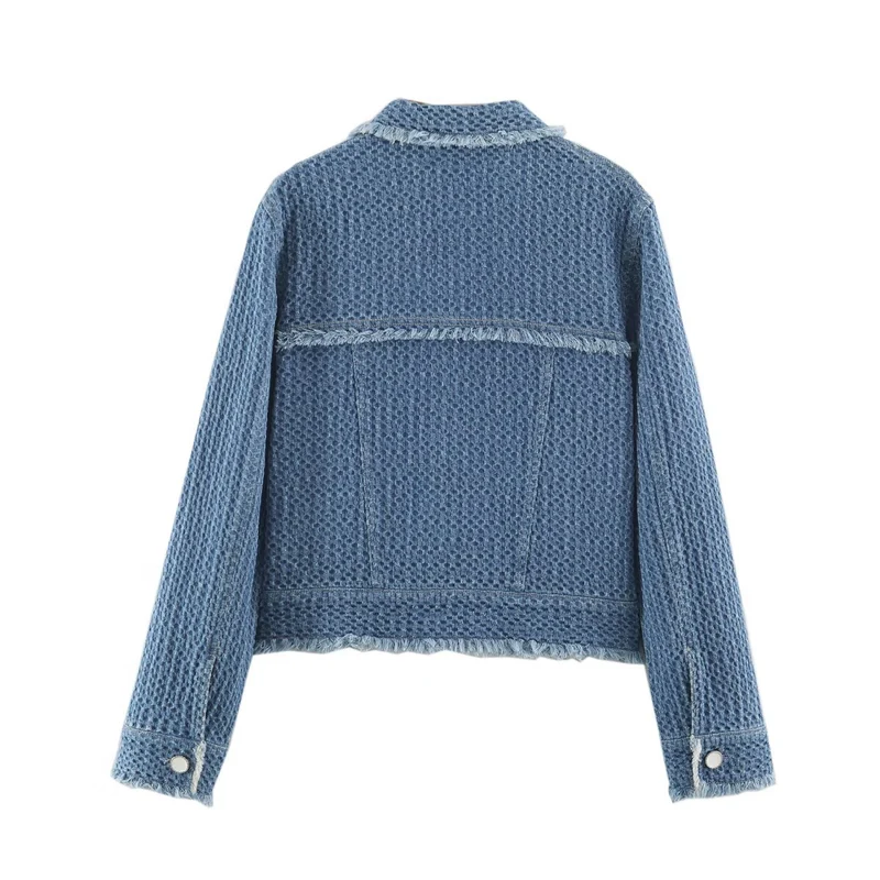 Damen Kurz geschnittene strukturierte Jeansjacke mit Fransenbesatz und Pattentaschen Drune