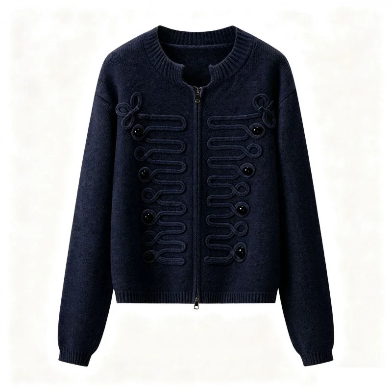 Damen Kurz geschnittene Strickjacke mit dekorativen Kordelapplikationen und Zwei-Wege‑Reißverschluss Drune
