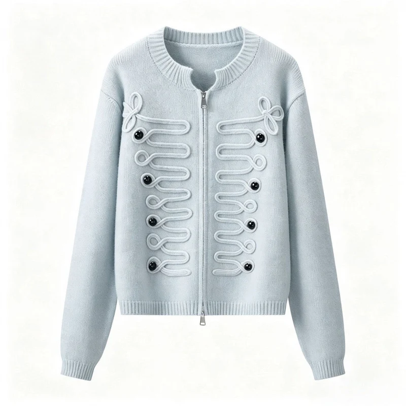 Damen Kurz geschnittene Strickjacke mit dekorativen Kordelapplikationen und Zwei-Wege‑Reißverschluss Drune