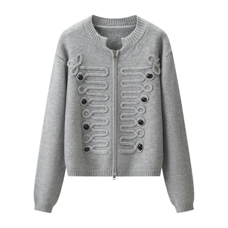 Damen Kurz geschnittene Strickjacke mit dekorativen Kordelapplikationen und Zwei-Wege‑Reißverschluss Drune