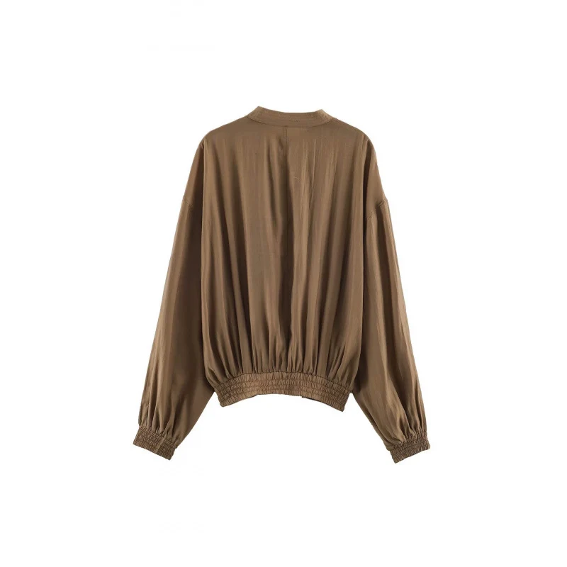 Damen Kurz geschnittene plissierte Blousonjacke mit Ballonärmeln und Smockbund Drune
