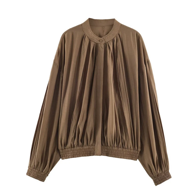 Damen Kurz geschnittene plissierte Blousonjacke mit Ballonärmeln und Smockbund Drune